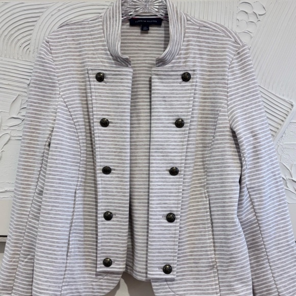 Tommy Hilfiger Women's Gray White Stripe SZ L Open Front Military Band Jacket - Picture 1 of 16